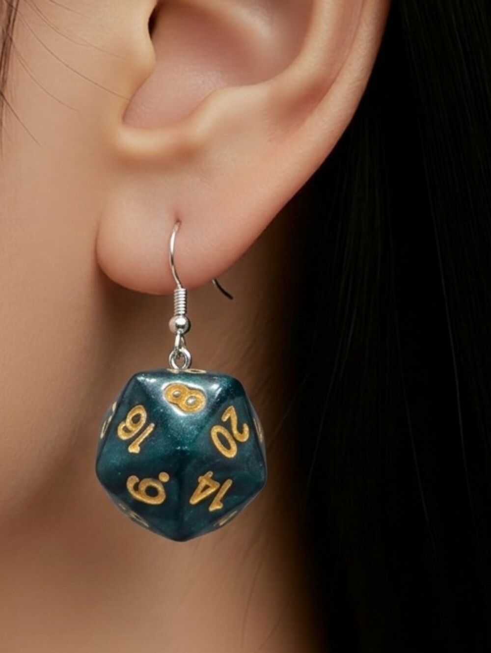 D20 Dice Earrings Shimmer Teal Green RPG D&D Gamer Resin Dangle Cosplay Fandom